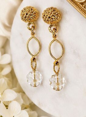 Vintage Gold Tone Knot Ball Dangle Earrings Faceted Clear Crystal Bead Drop Post